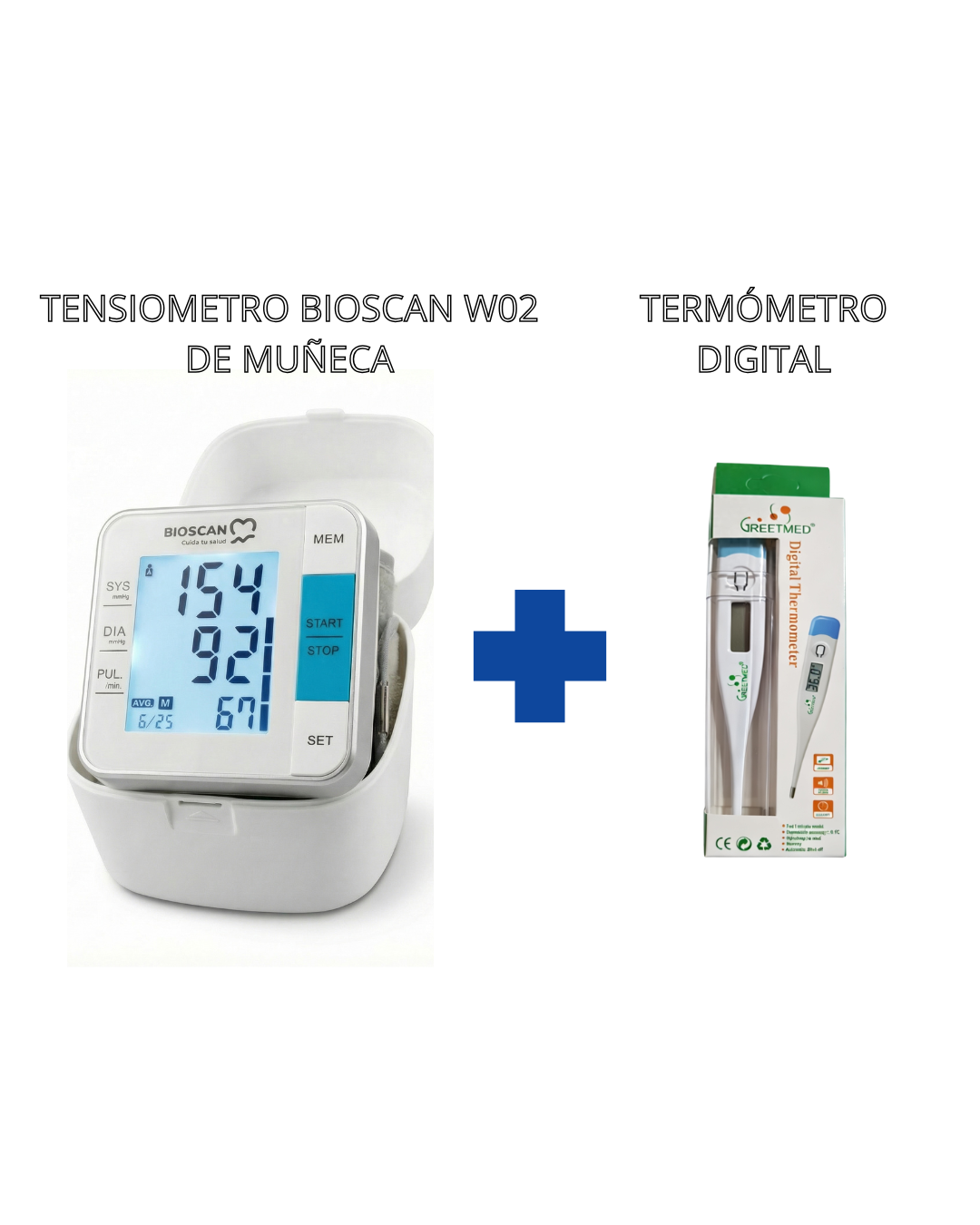 KIT Promo Tensiómetro digital automático BIOSCAN W02 (muñeca) con aprobación FDA y CE + Termómetro digital