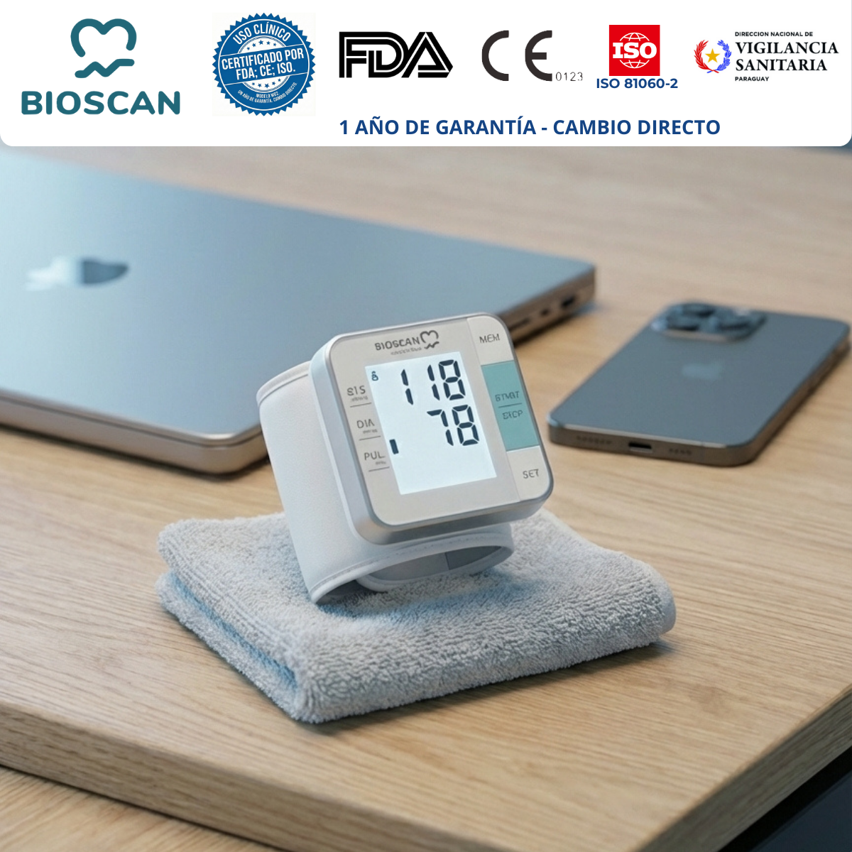 Tensiómetro digital automático BIOSCAN W02 (muñeca) con aprobación FDA y CE